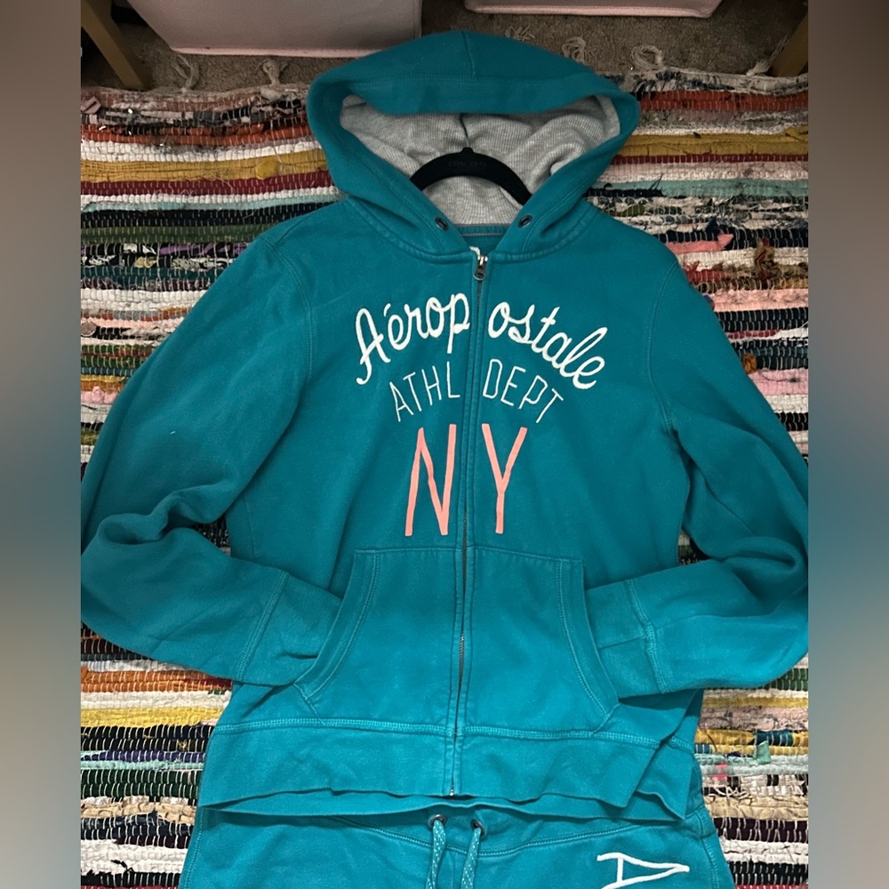 Aeropostale 2000s NYC phys ed XL Teal sweatsuit zip up hoodie & joggers